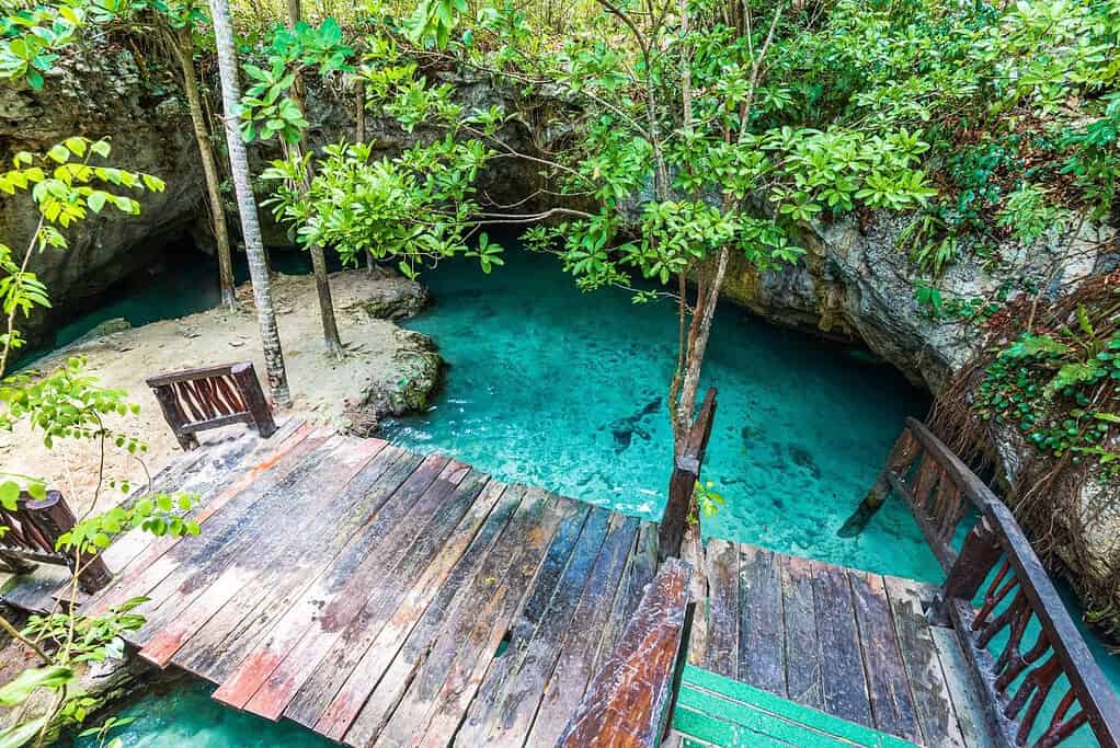 Cenote with wooden boardwalk around it