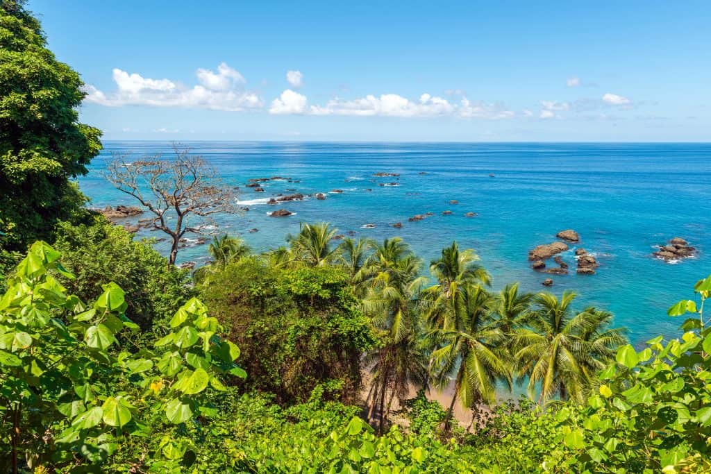 Looking out on the ocean from a highpoint on a sunny day on cano island in Costa Rica